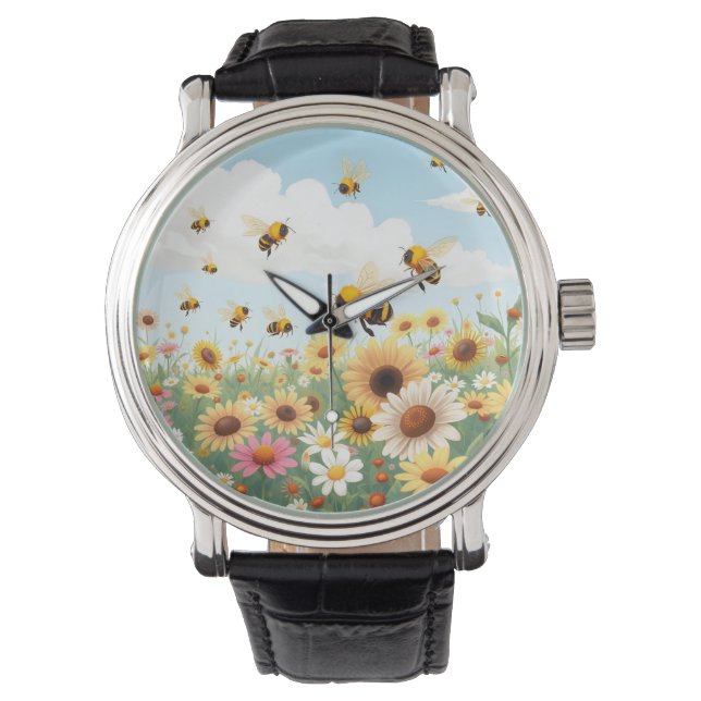 Cute bees and flowers illustration watch (Front)