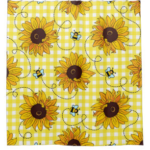 Cute bees and sunflowers on a checkered background