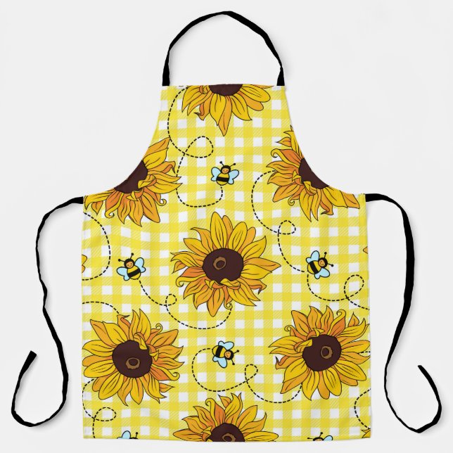 Cute bees and sunflowers on a checkered background apron (Front)