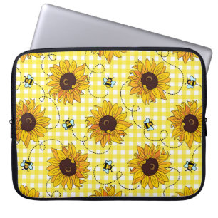 Cute bees and sunflowers on a chequered background laptop sleeve