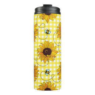Cute bees and sunflowers on a chequered background thermal tumbler