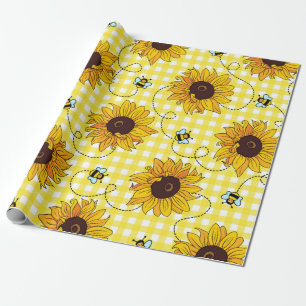 Cute bees and sunflowers on a chequered background wrapping paper