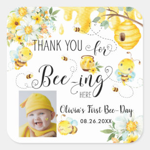 Cute Bees Bee Floral 1st Birthday Favour Photo Square Sticker