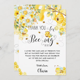 Cute Bees Bee Yellow Ivory Floral Birthday Party Thank You Card
