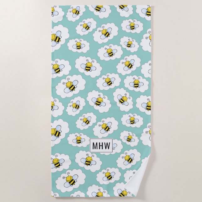 Cute Bees custom monogram beach towel (Front)