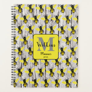 Cute Bees on Wooden Fence Personalized Monogram Planner