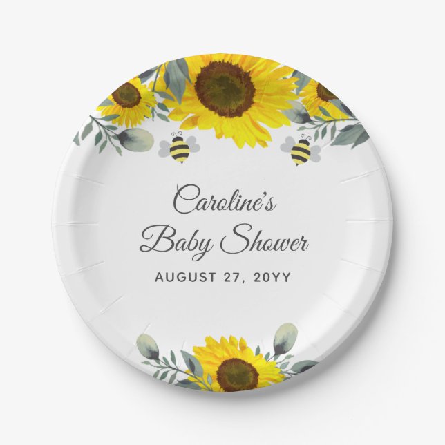 Cute Bees & Sunflowers Eucalyptus Baby Shower Paper Plate (Front)