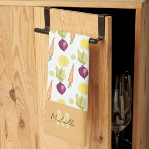 Cute Beets Lemon and Carrots Watercolor Pattern Kitchen Towel