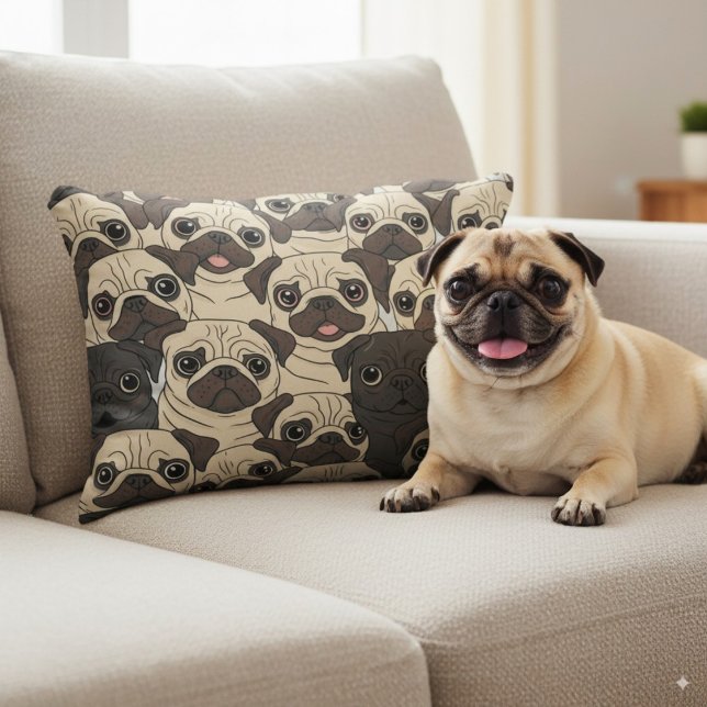 Cute beige cartoon pug dog seamless pattern accent pillow (Creator Uploaded)