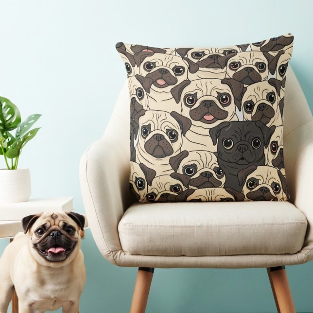 Cute beige cartoon pug dog seamless pattern throw pillow (Creator Uploaded)