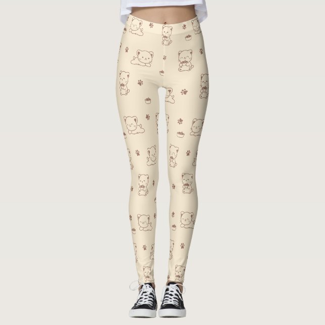 Cute Beige Cat Pattern (1) Leggings (Front)