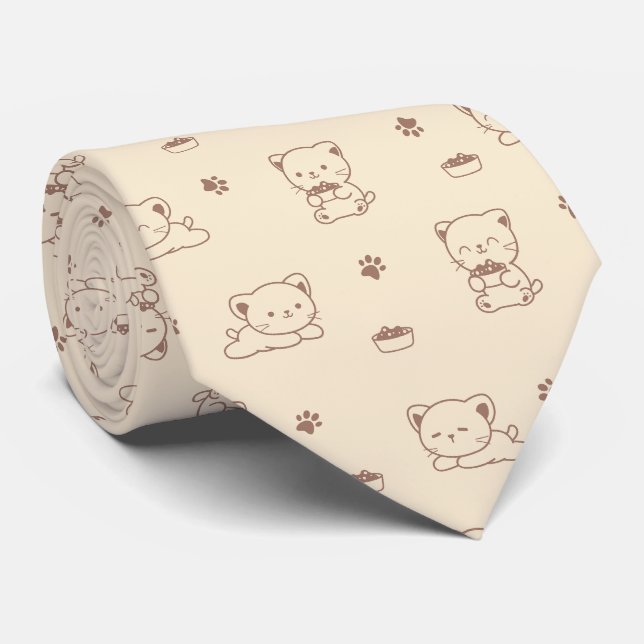 Cute Beige Cat Pattern (1) Tie (Rolled)