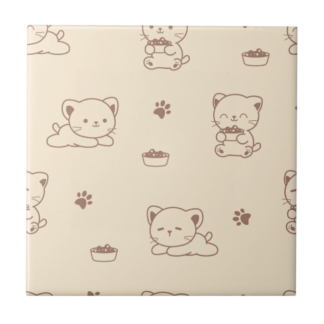 Cute Beige Cat Pattern (1) Tile (Front)