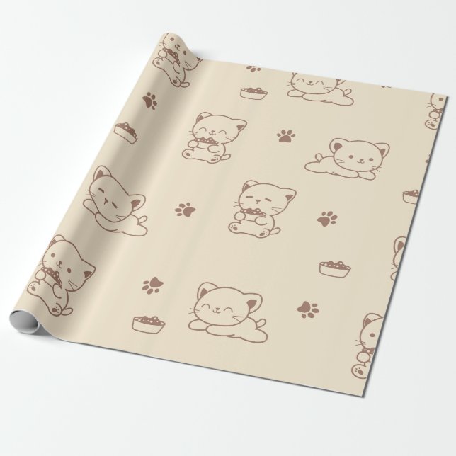 Cute Beige Cat Pattern (1) Wrapping Paper (Unrolled)