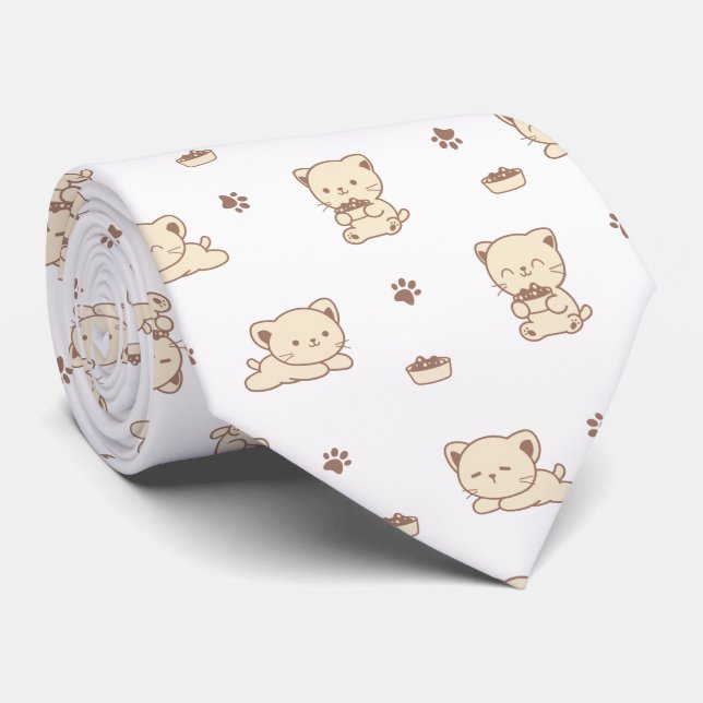 Cute Beige Cat Pattern (2) Tie (Rolled)