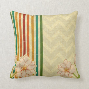 Cute Beige Flowers And Colourful Stripes Throw Pillow