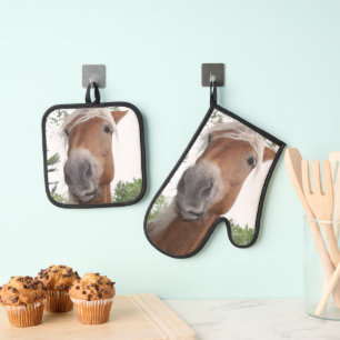 Cute Belgian Draught Horse Face Oven Mitt & Pot Holder Set