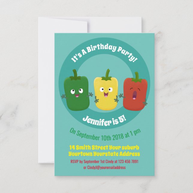 Cute bell pepper capsicum trio singing cartoon  in invitation (Front)