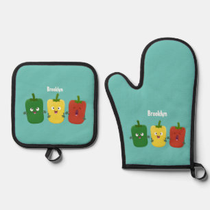 Cute bell pepper capsicum trio singing cartoon oven mitt & pot holder set