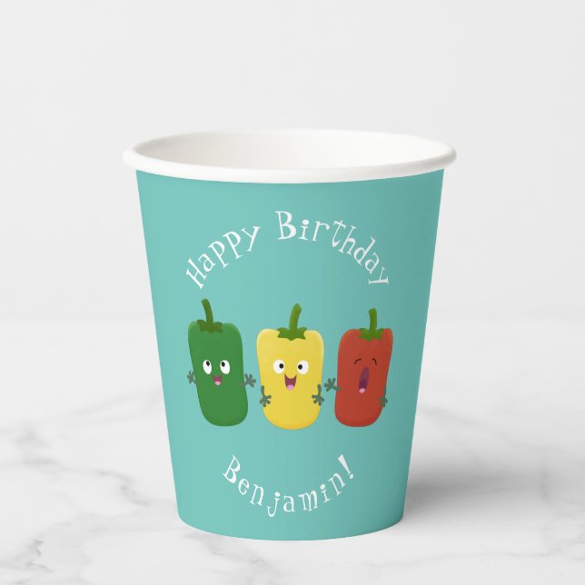 Cute bell pepper capsicum trio singing cartoon paper cups (Front)