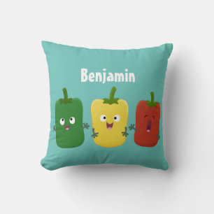 Cute bell pepper capsicum trio singing cartoon throw pillow