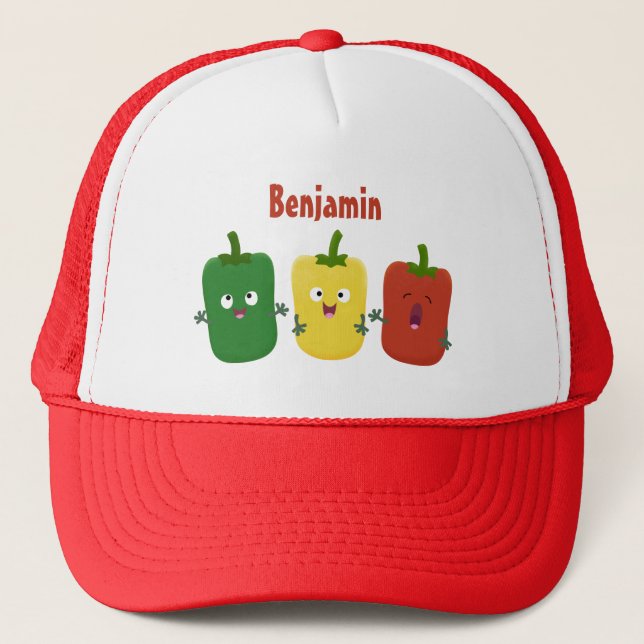 Cute bell pepper capsicum trio singing cartoon trucker hat (Front)