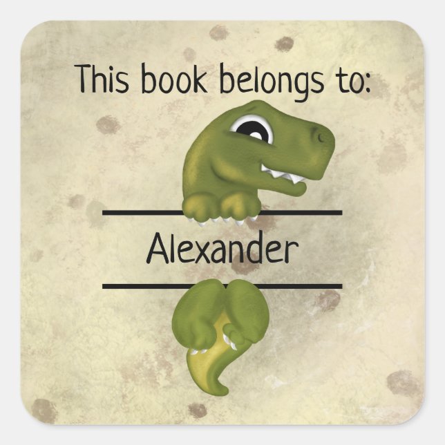 Cute Belongs To Name Dinosaur Bookplate Sticker (Front)
