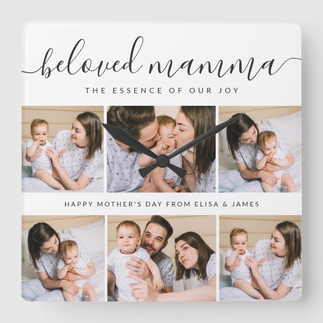 Cute Beloved Mamma Mom Mothers Day Photo Collage Square Wall Clock (Front)