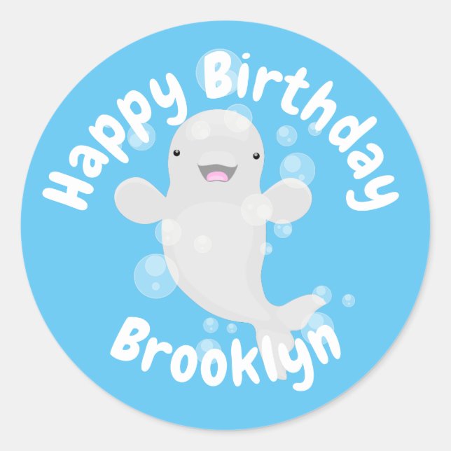 Cute beluga whale bubbles cartoon birthday classic round sticker (Front)