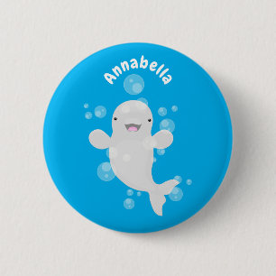 Cute beluga whale bubbles cartoon illustration 2 inch round button