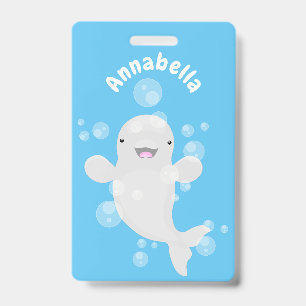 Cute beluga whale bubbles cartoon illustration badge