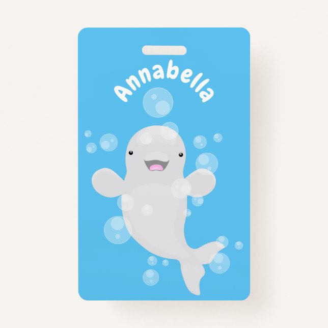 Cute beluga whale bubbles cartoon illustration badge (Front)