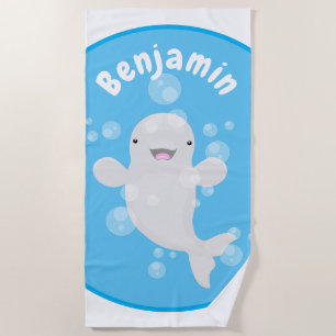 Cute beluga whale bubbles cartoon illustration beach towel