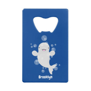 Cute beluga whale bubbles cartoon illustration credit card bottle opener