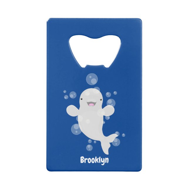 Cute beluga whale bubbles cartoon illustration credit card bottle opener (Front)