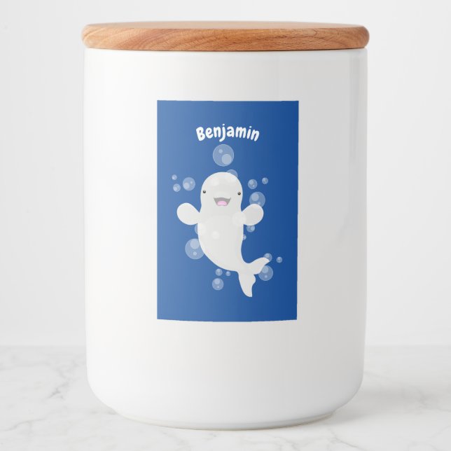 Cute beluga whale bubbles cartoon illustration food label (Front)