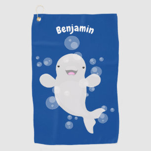 Cute beluga whale bubbles cartoon illustration golf towel