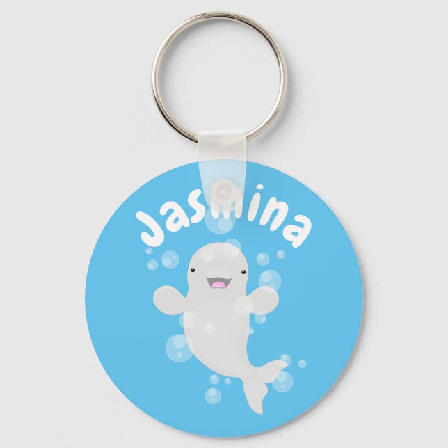 Cute beluga whale bubbles cartoon illustration keychain (Front)