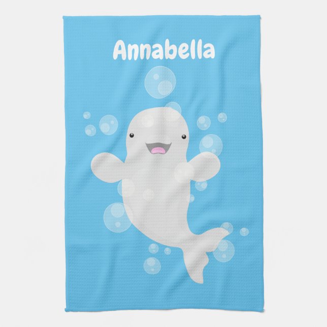 Cute beluga whale bubbles cartoon illustration kitchen towel (Vertical)