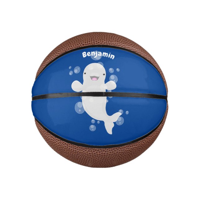 Cute beluga whale bubbles cartoon illustration mini basketball (Front)