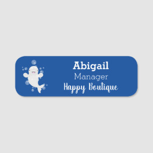 Cute beluga whale bubbles cartoon illustration  name tag