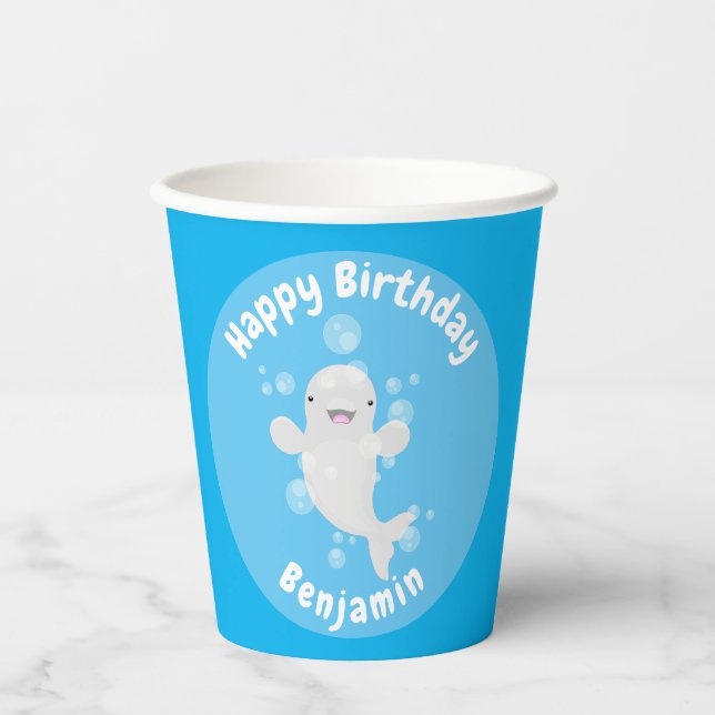 Cute beluga whale bubbles cartoon illustration paper cups (Front)