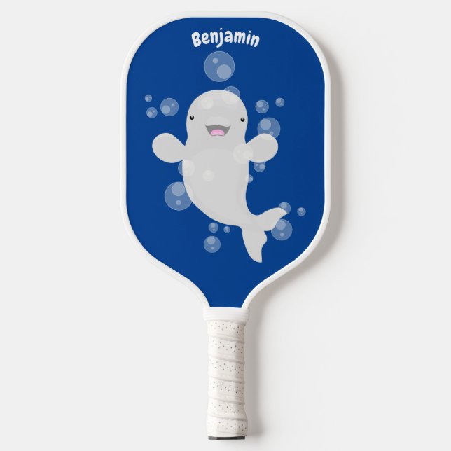 Cute beluga whale bubbles cartoon illustration pickleball paddle (Front)