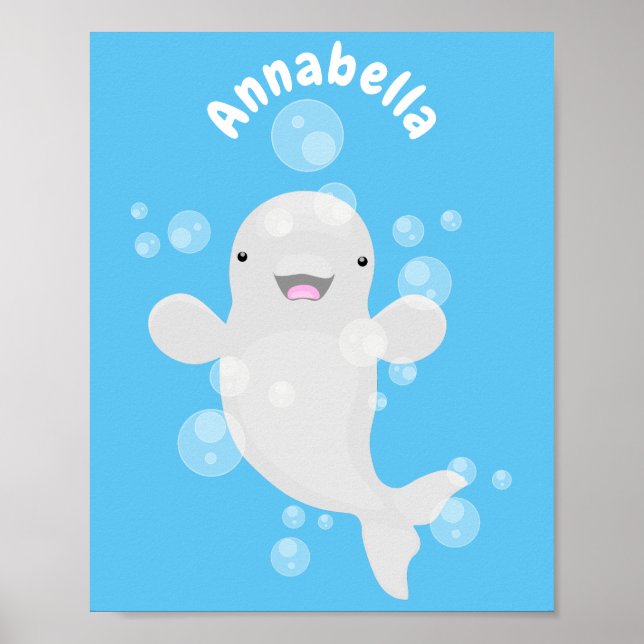 Cute beluga whale bubbles cartoon illustration poster (Front)