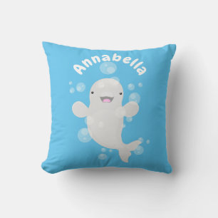 Cute beluga whale bubbles cartoon illustration throw pillow