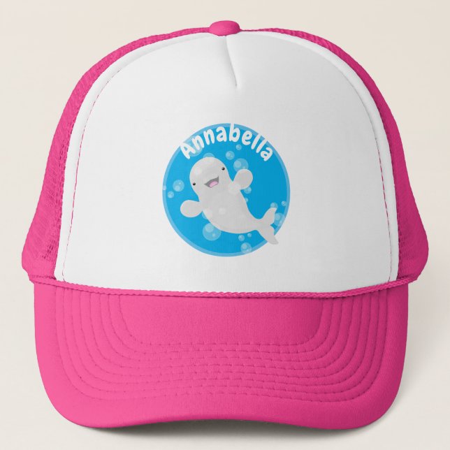 Cute beluga whale bubbles cartoon illustration trucker hat (Front)