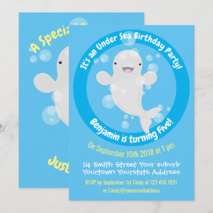 Cute beluga whale personalized cartoon birthday invitation