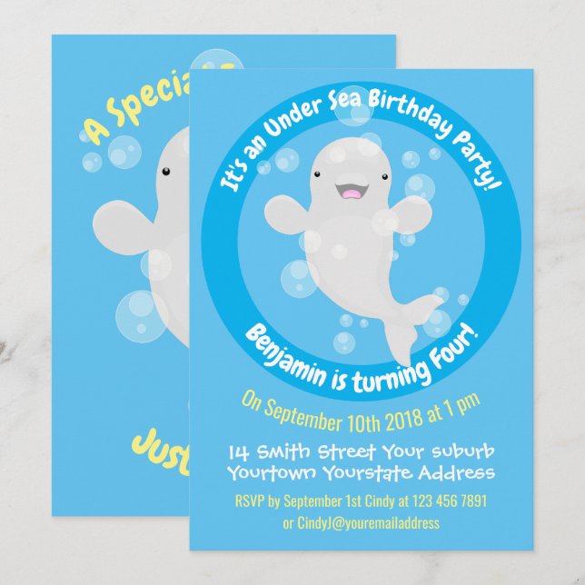 Cute beluga whale personalized cartoon birthday  invitation (Front/Back)