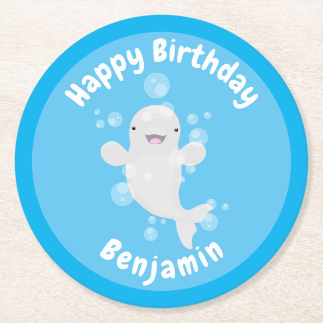 Cute beluga whale personalized cartoon birthday round paper coaster (Front)