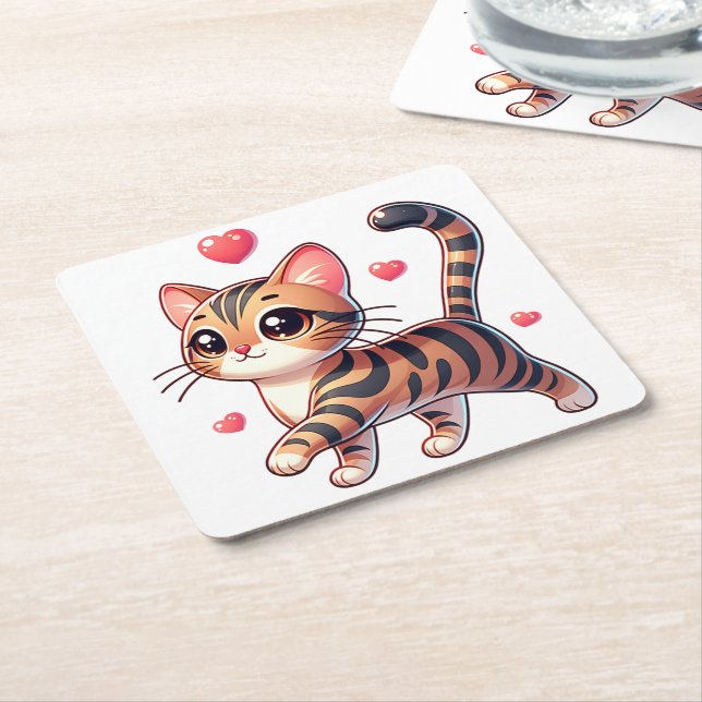 Cute Bengal Cat Lover Red Heart Kitten Kitty Mom  Square Paper Coaster (Angled)